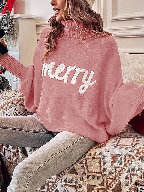 Christmas Jacquard Turtleneck Bat Sleeve Sweater