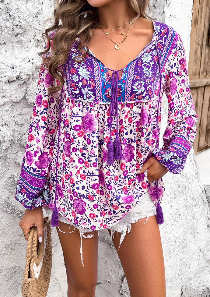 Boho Tie Detail Long Sleeve Blouse