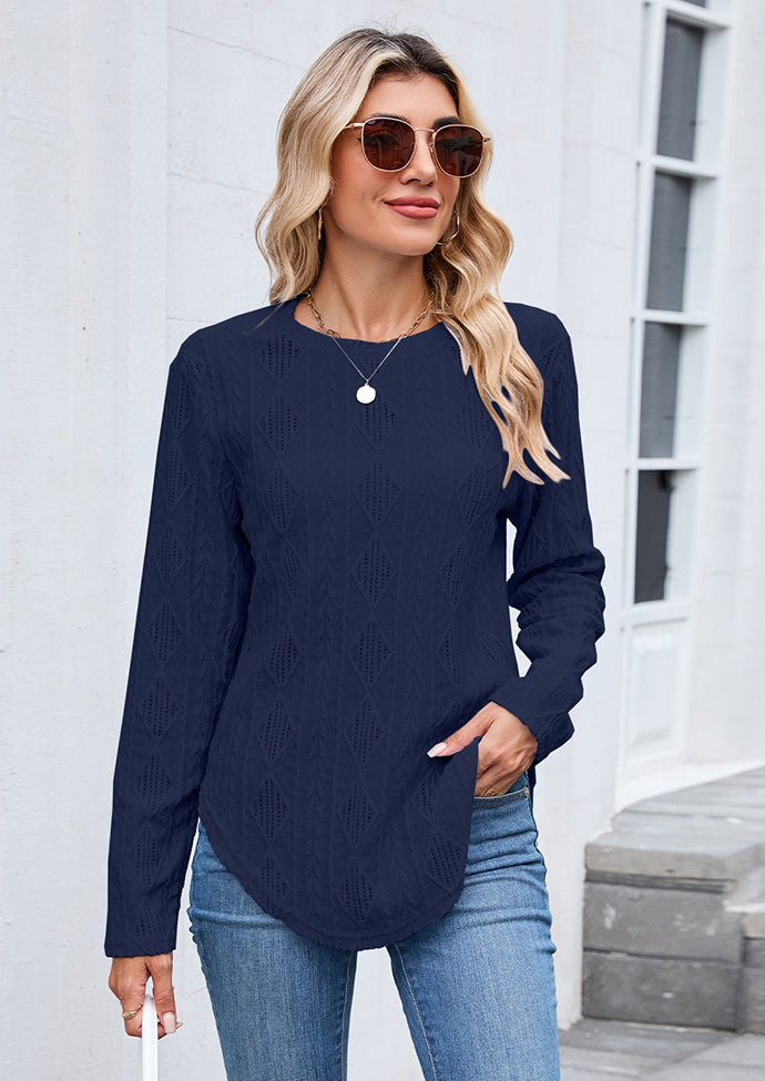 Textured Button Detail Crew Neck Casual T-shirt