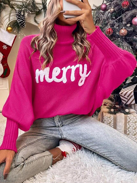 Christmas Jacquard Turtleneck Bat Sleeve Sweater