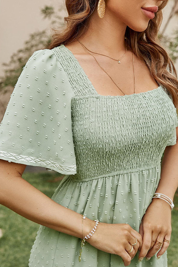 Textured Smocked Midi Dress with Embroidered Trim - Dresses from Cindelily