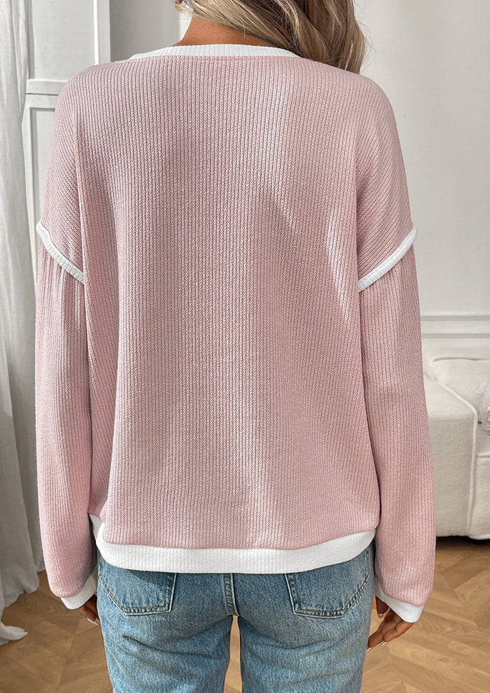 Textured Crew Neck Color Block Casual Top