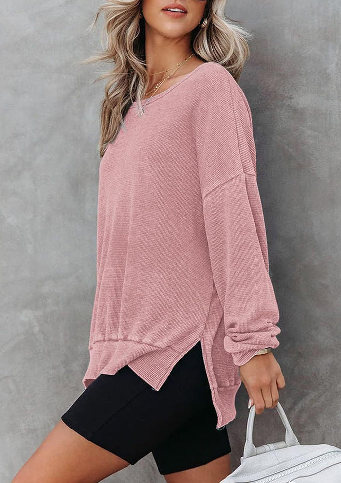 Crew Neck Side Split Waffle Sweatshirt