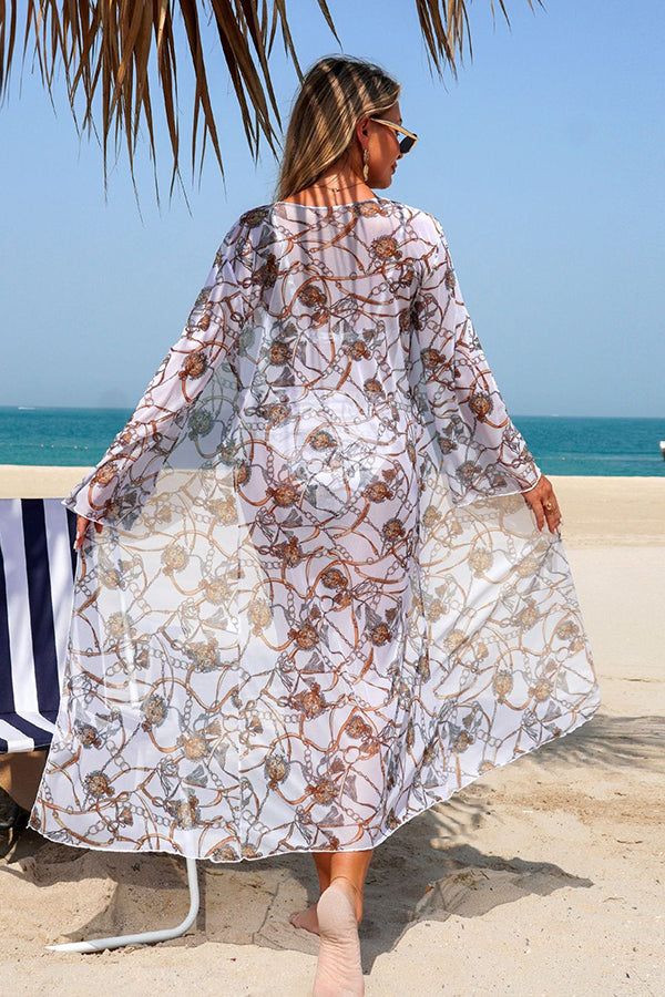 Vintage Print Bikini & Sheer Cover-Up 3-Piece Swim Set - Swimwear from Cindelily