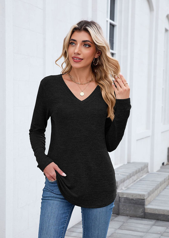 V Neck Long Sleeve Basic Casual T-shirt