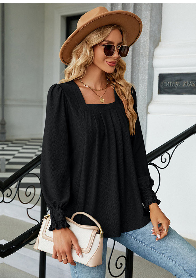 Jacquard Pleated U Neck Casual Blouse