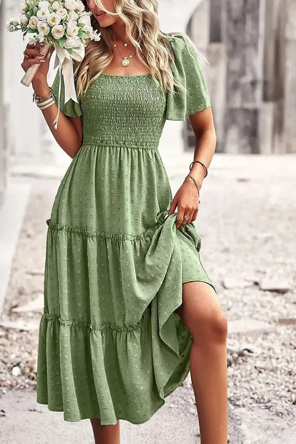 Jacquard Smocked Bodice Tiered Midi Dress Sage green - Dresses from Cindelily