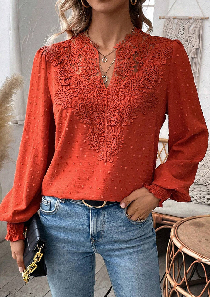 Lace Inset V Neck Long Sleeve Blouse