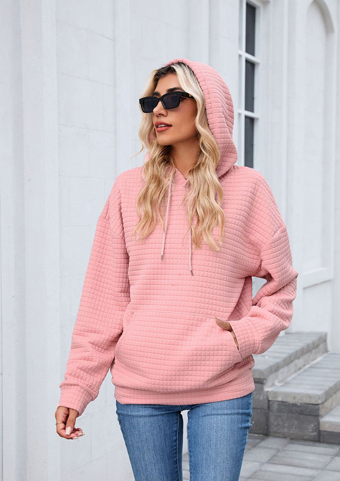 Textured Tie Front Pocket Detail Casual Hoodie