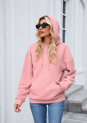 Textured Tie Front Pocket Detail Casual Hoodie