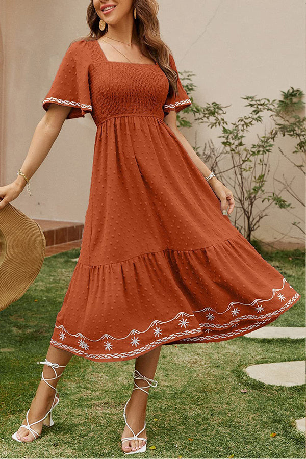 Textured Smocked Midi Dress with Embroidered Trim - Dresses from Cindelily