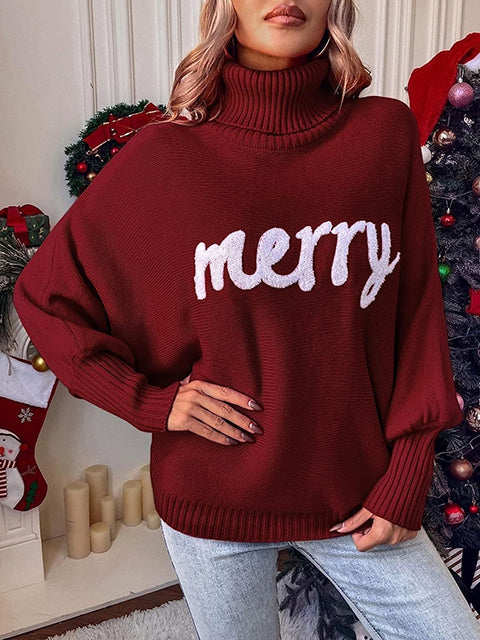 Christmas Jacquard Turtleneck Bat Sleeve Sweater