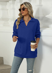 Solid Turndown Collar V Neck Sweatshirt