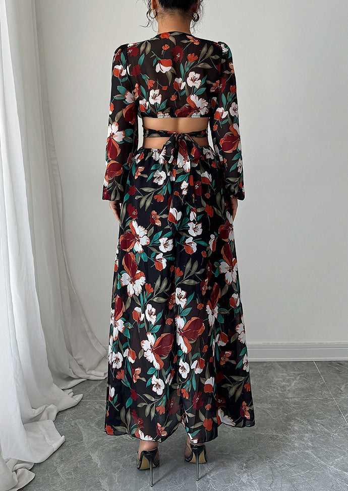 Ruffle Floral V Neck Cut Out Back Maxi Dress