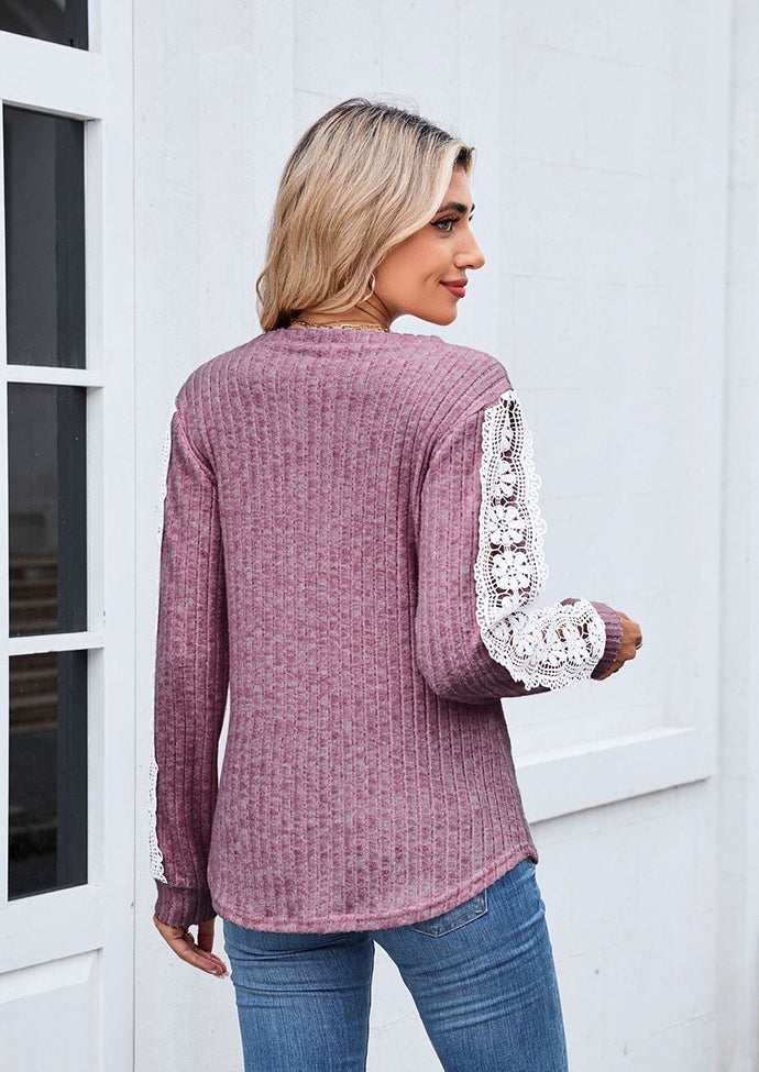 Lace Inset V Neck Long Sleeve T-shirt