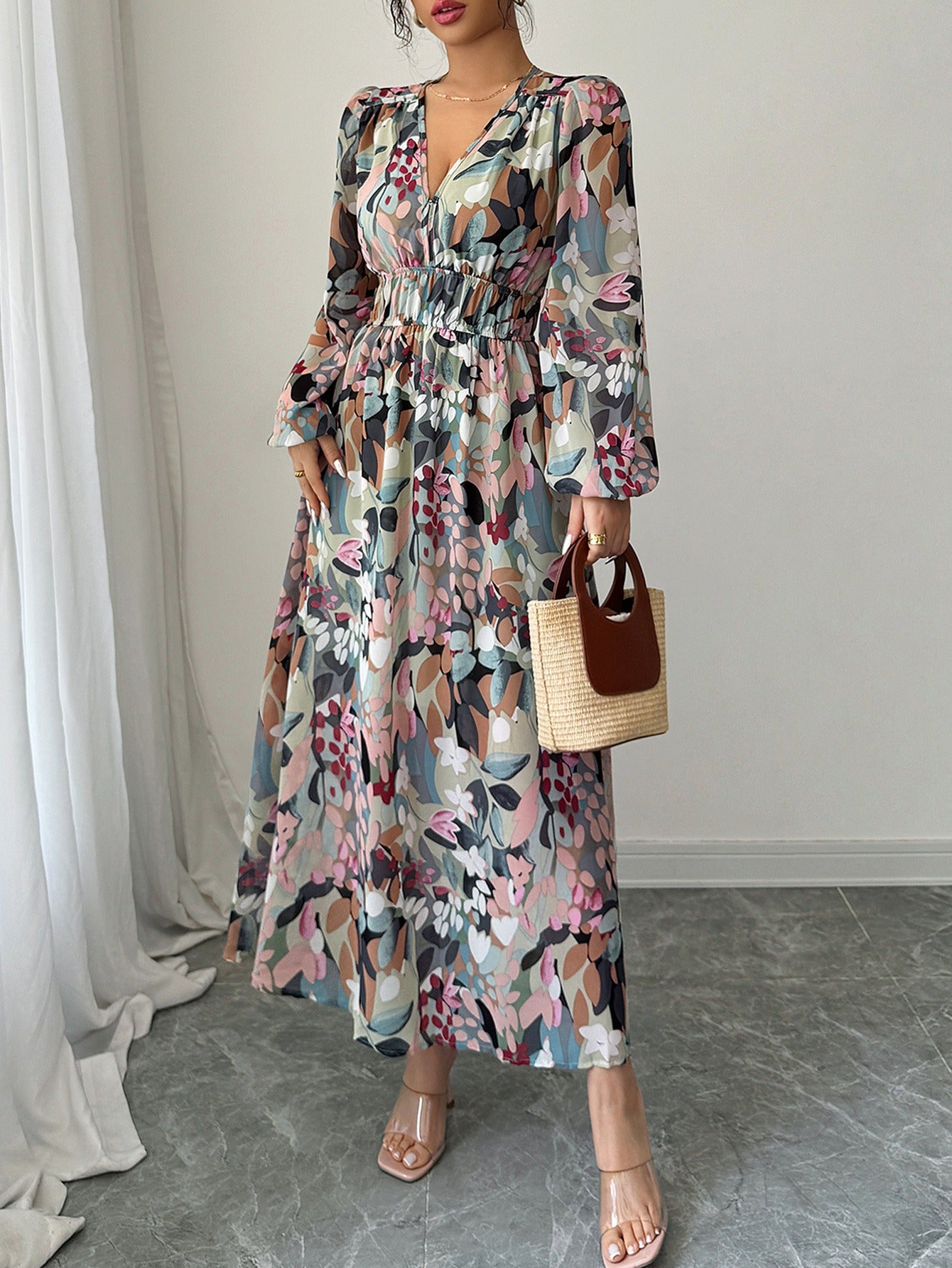 Floral Print Smock Neck Wrap Maxi Dress