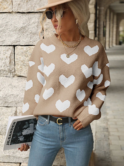 Heart Pattern Crew Neck Knitted Sweater