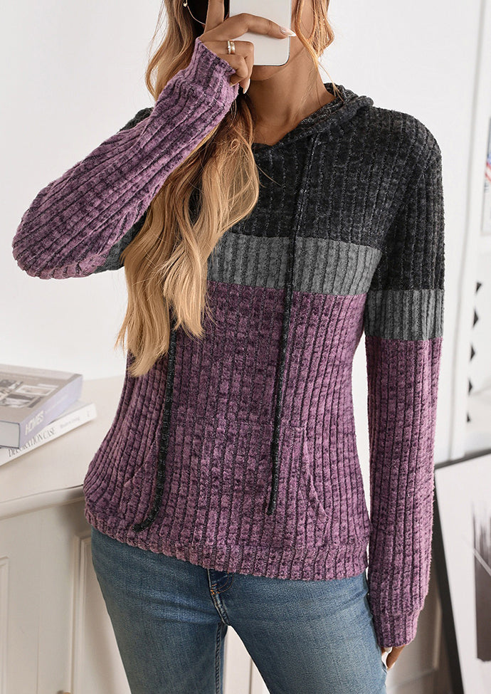 Color Block Casual Hoodie with Front Pocket