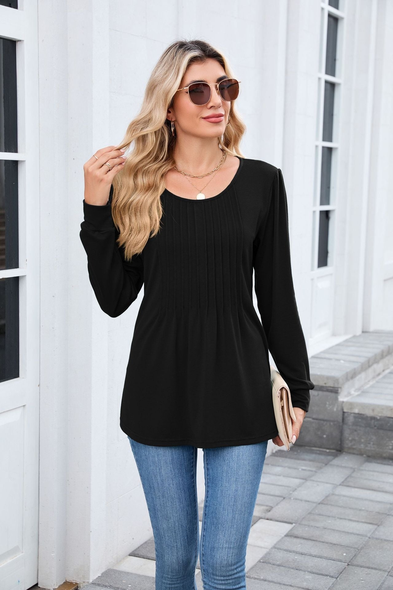 Pleated Crew Neck Long Sleeve Tunic