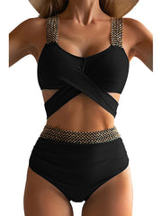 Solid Patchwork Crossed Bikini Sets