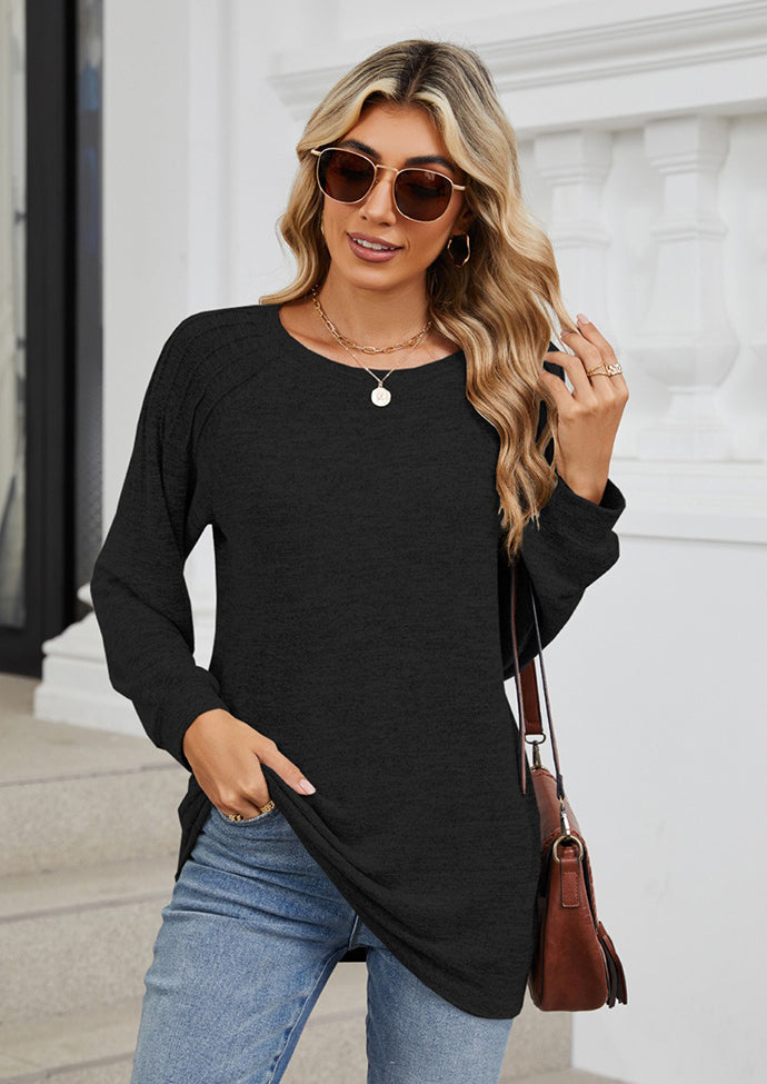 Pleated Long Sleeve Crew Neck Casual T-shirt