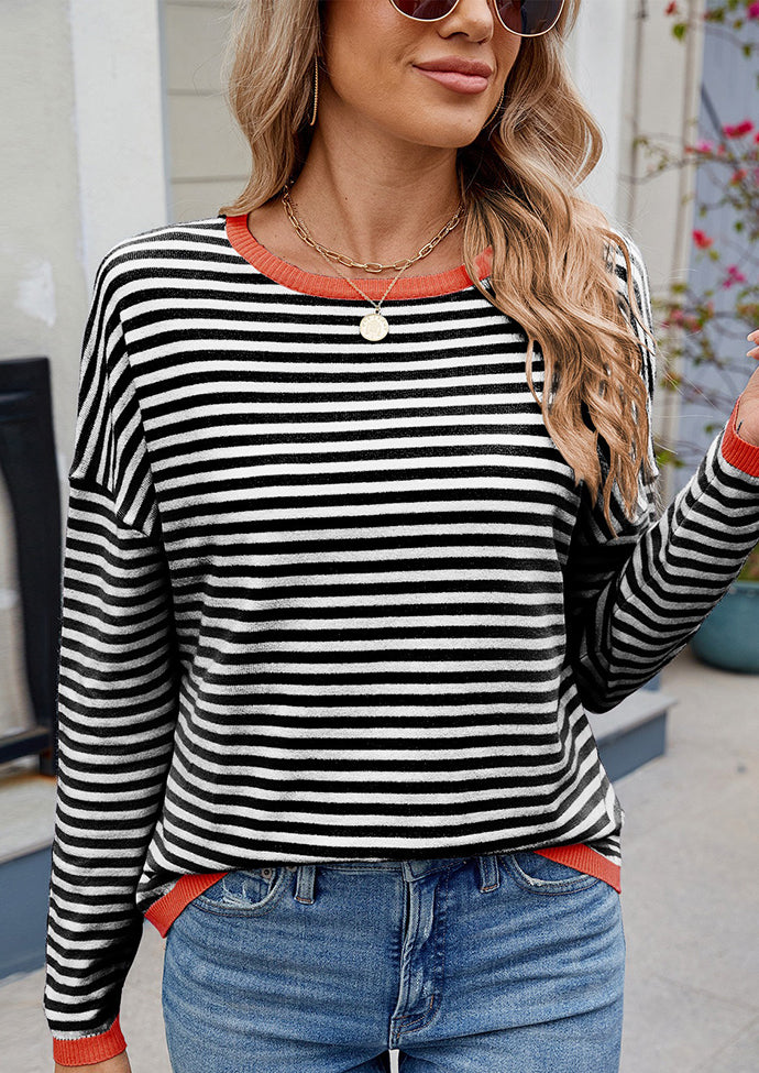 Contrasting Trimmed Striped Knit Sweater