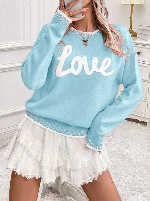 Love Jacquard Crew Neck Sweater