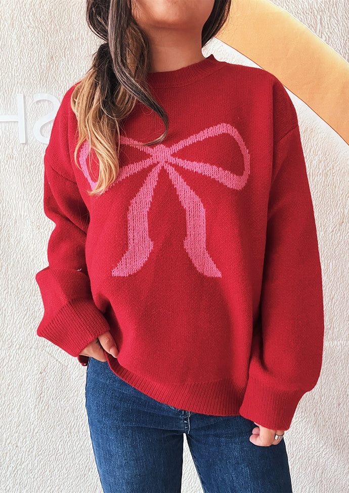 Crew Neck Pattern Bow Knitted Sweater