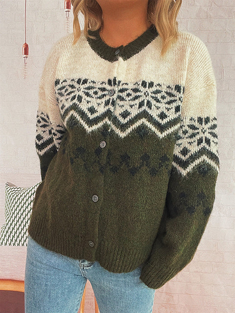 Vintage Christmas Snowflake Jacquard Knitted Cardigan