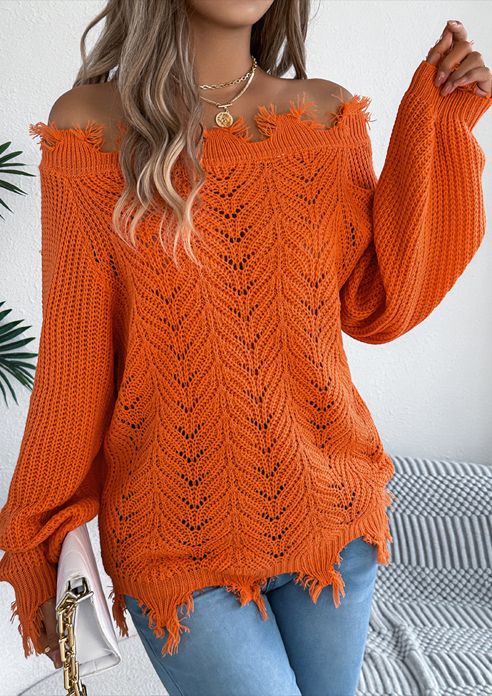 Off the Shoulder Raw Hem Jacquard Knitted Sweater