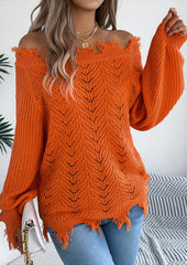 Off the Shoulder Raw Hem Jacquard Knitted Sweater
