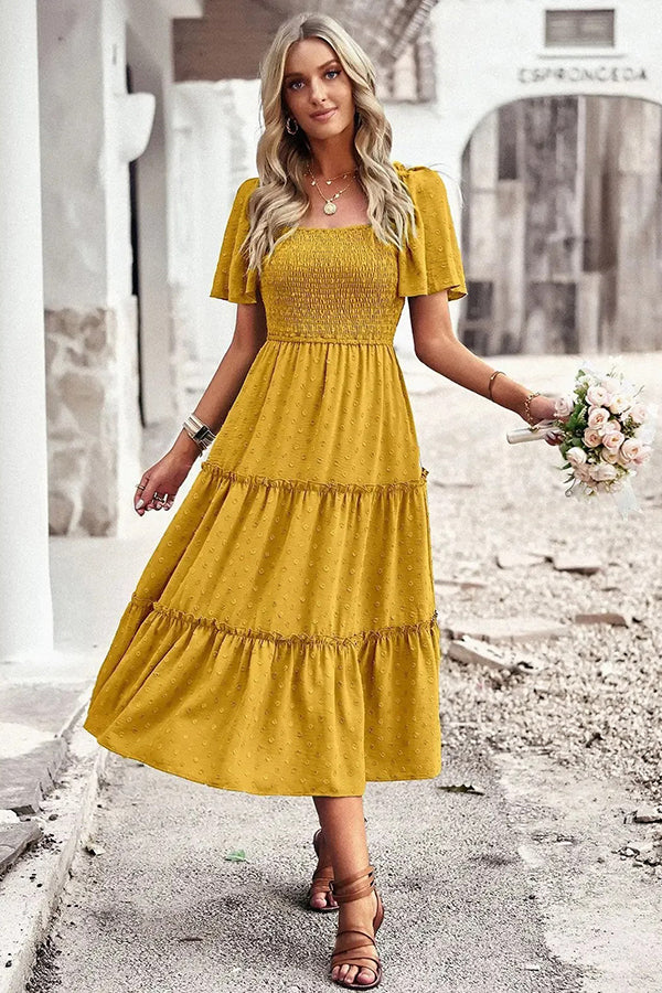 Jacquard Smocked Bodice Tiered Midi Dress Yellow - Dresses from Cindelily