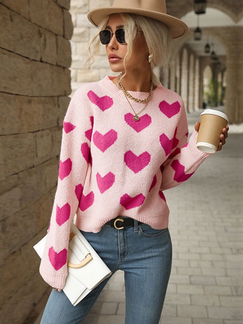 Heart Pattern Crew Neck Knitted Sweater