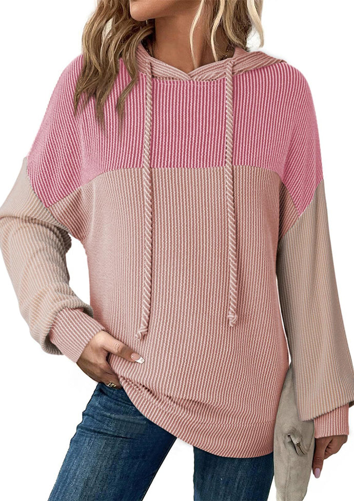 Tie Detail Textured Color Block Casual Hoodie