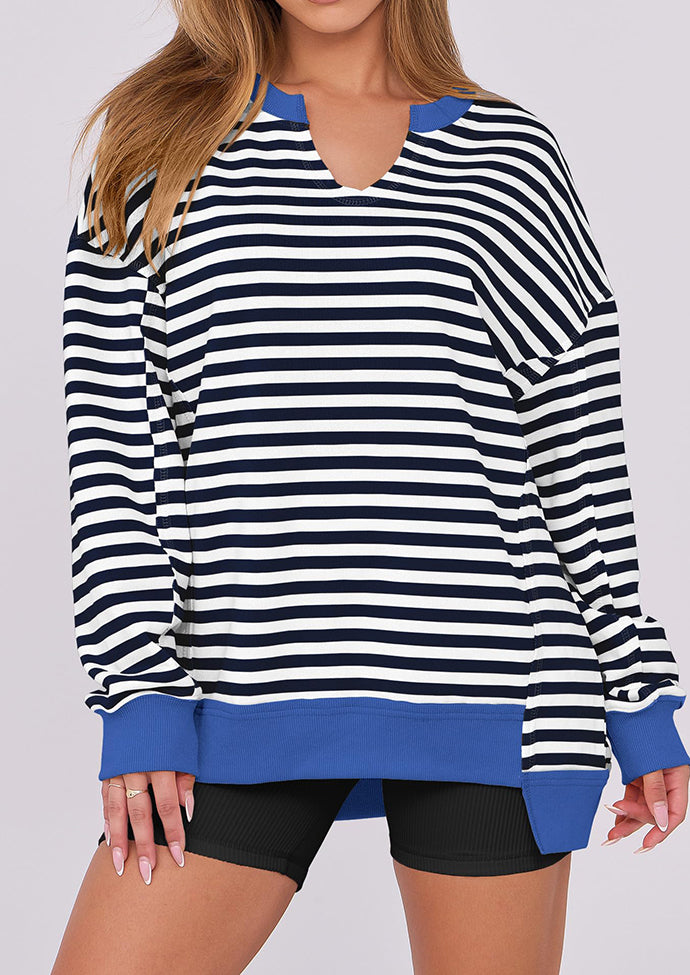 Stripe V Neck Over Size Basic Sweatshirt
