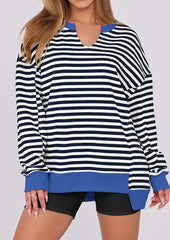 Stripe V Neck Over Size Basic Sweatshirt