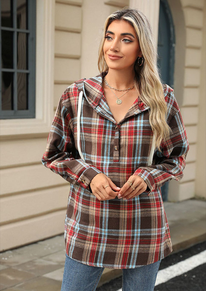 Plaid Button Up Hooded Tie Detail Casual Blouse