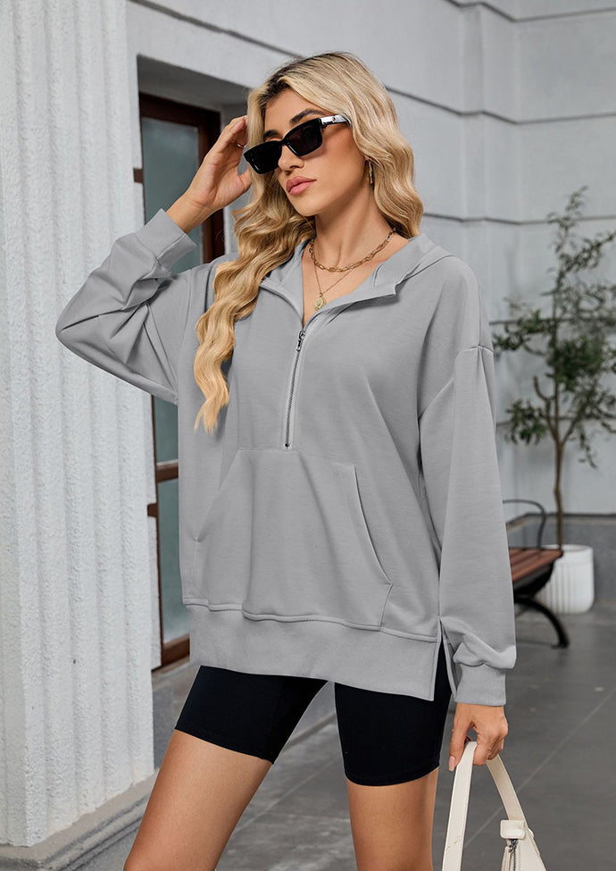 Half Zip Size Split Hoodie with Front Pocket