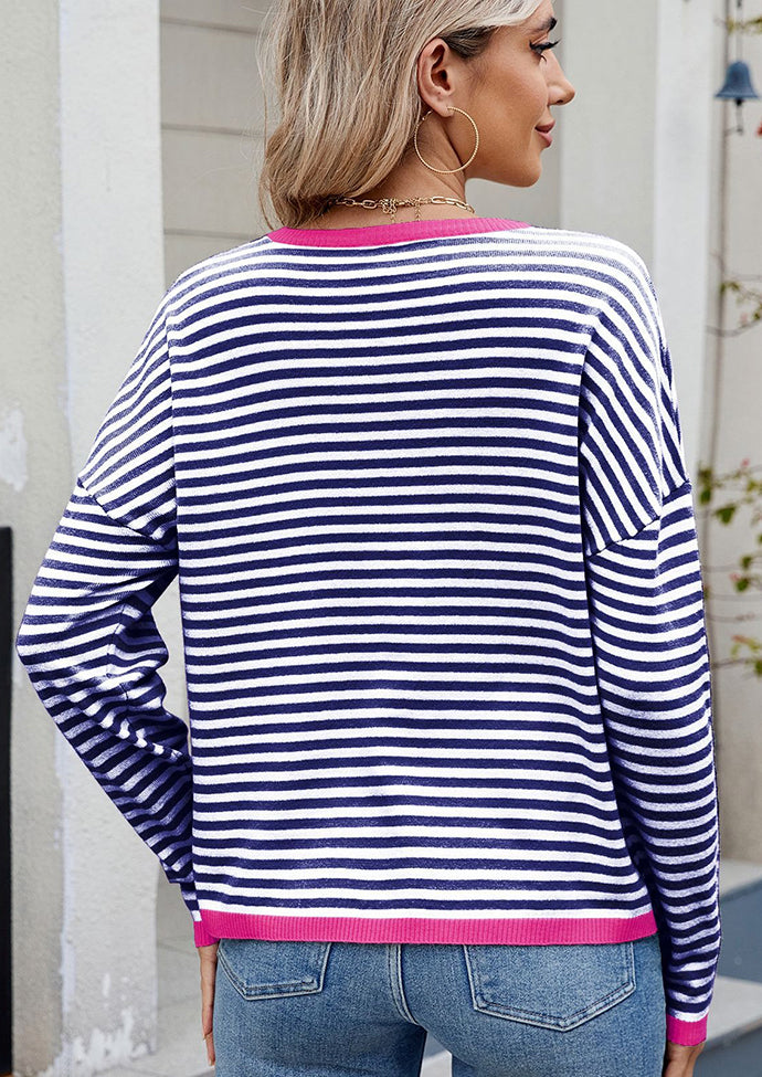 Contrasting Trimmed Striped Knit Sweater