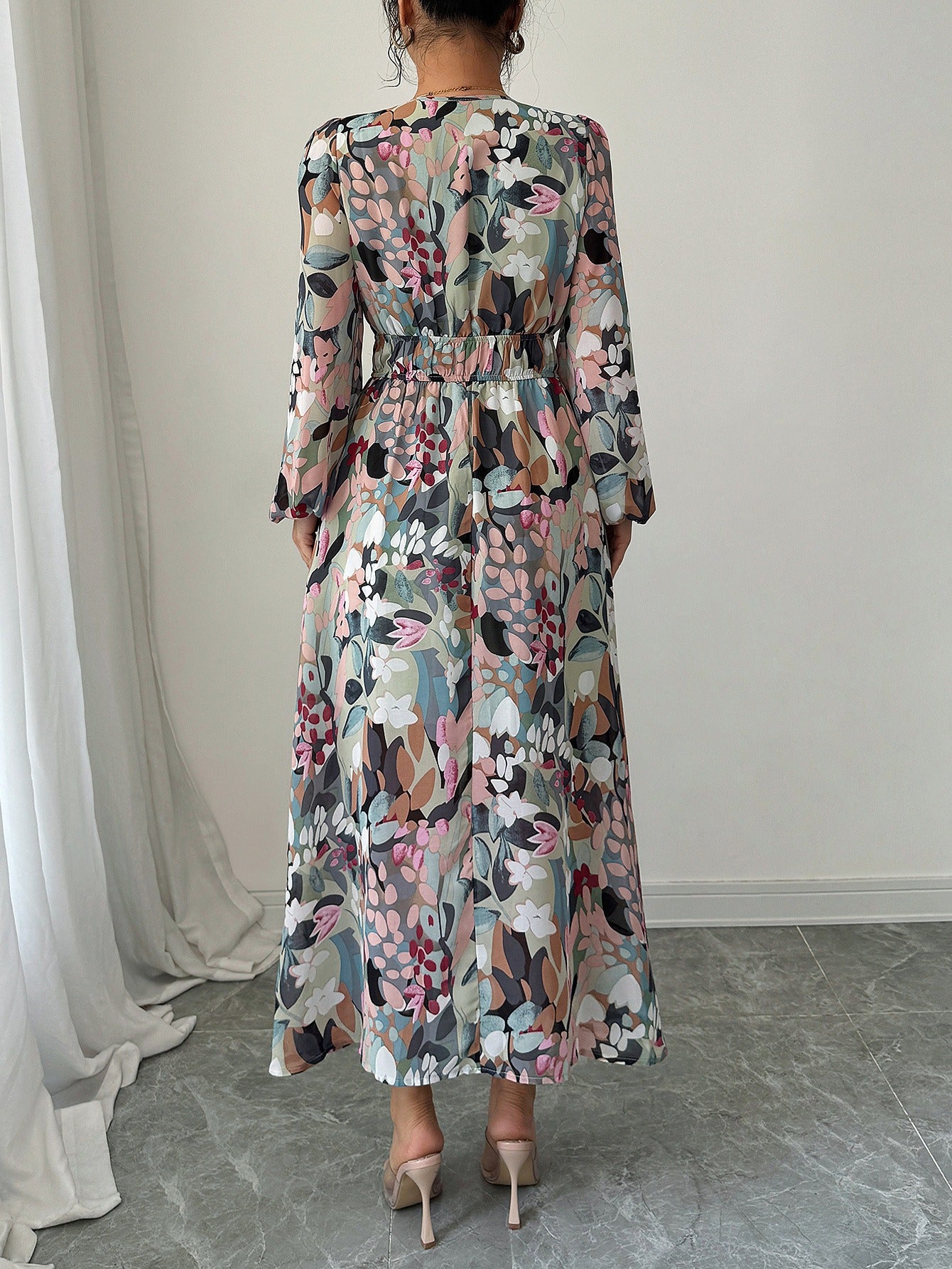 Floral Print Smock Neck Wrap Maxi Dress