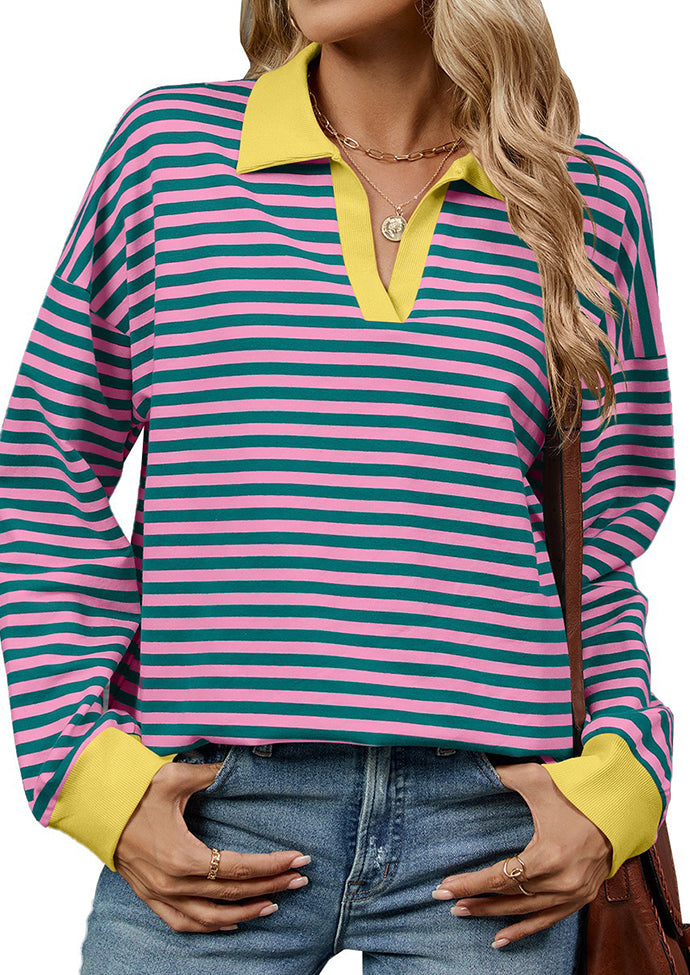 Stripe Color Block V Neck Casual Top