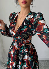 Ruffle Floral V Neck Cut Out Back Maxi Dress