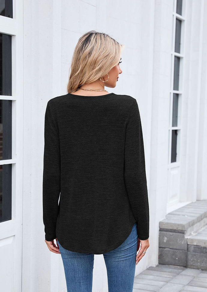 V-neck Pleated Solid Long Sleeve T-shirt