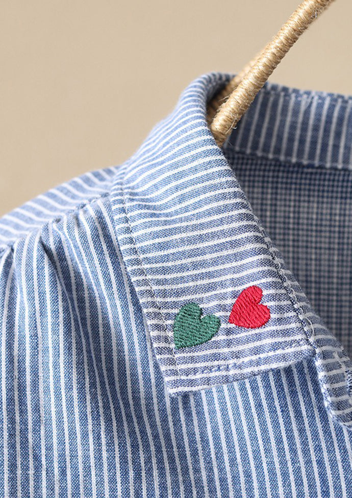 Heart Embroidered Striped Button Up Shirt