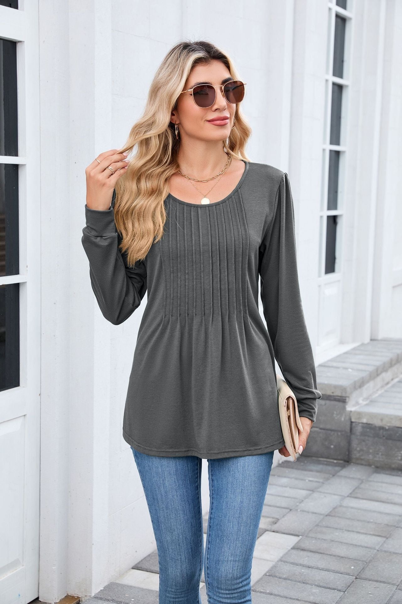 Pleated Crew Neck Long Sleeve Tunic