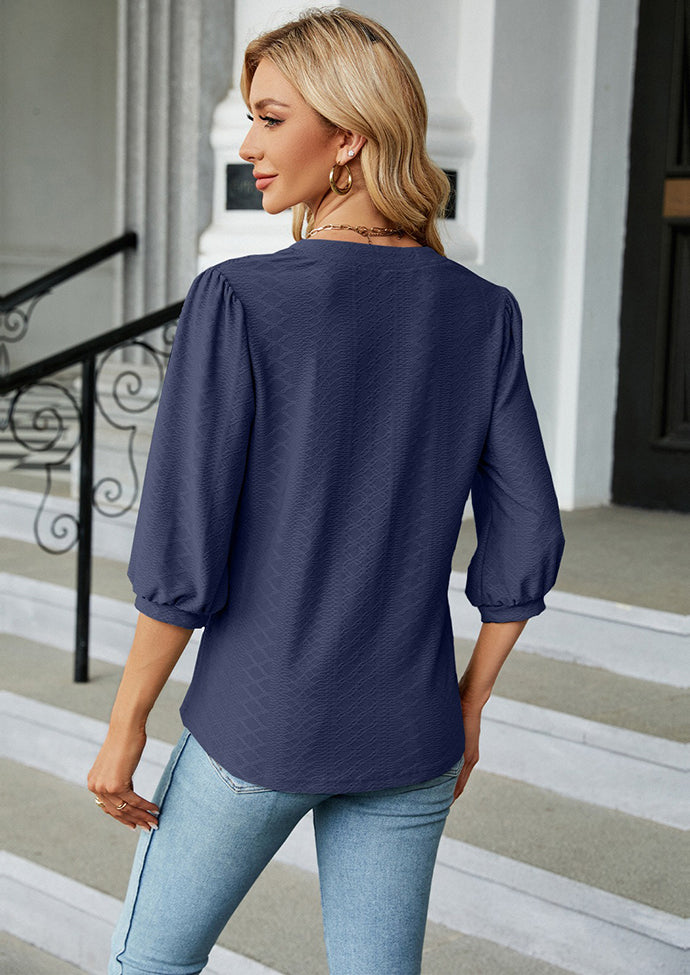 Jacquard Half Sleeve V Neck Casual Blouse