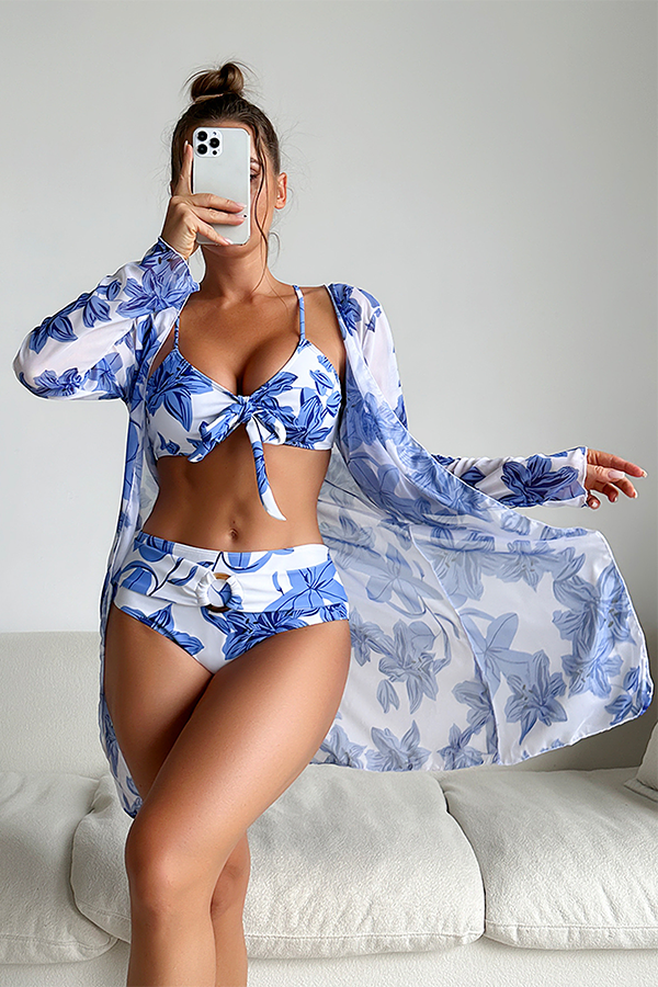 Floral Bikini & Sheer Cover-Up 3-Piece Set Blue - Swimwear from Cindelily