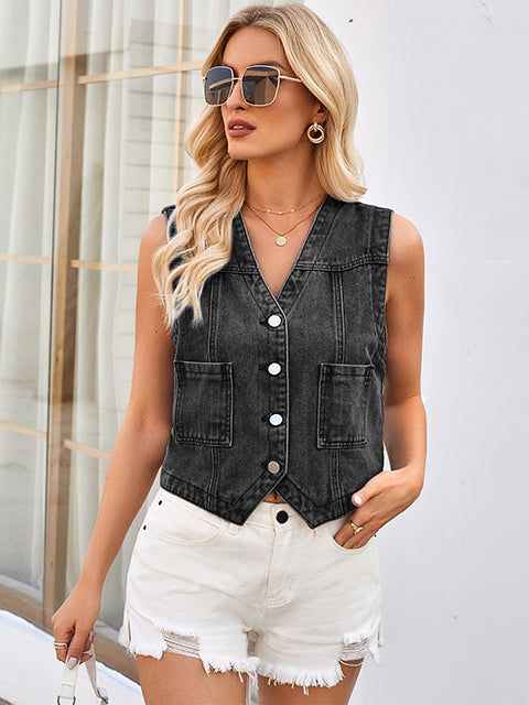 Denim Washed Button Fly Vest Top