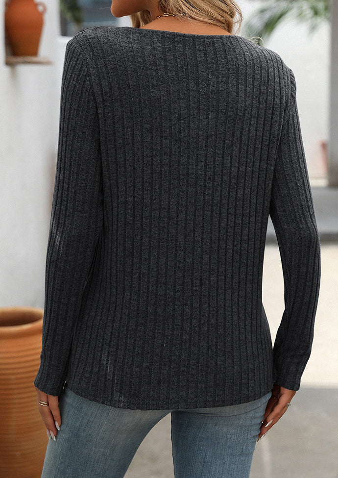 V Neck Textured Button Detail Casual T-shirt