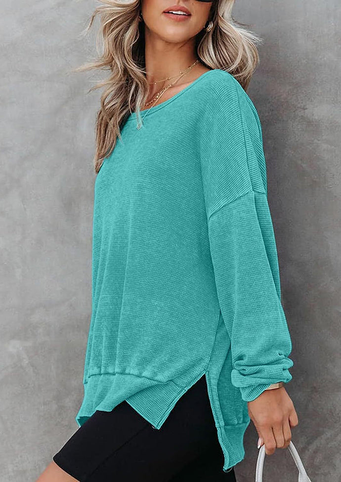 Crew Neck Side Split Waffle Sweatshirt